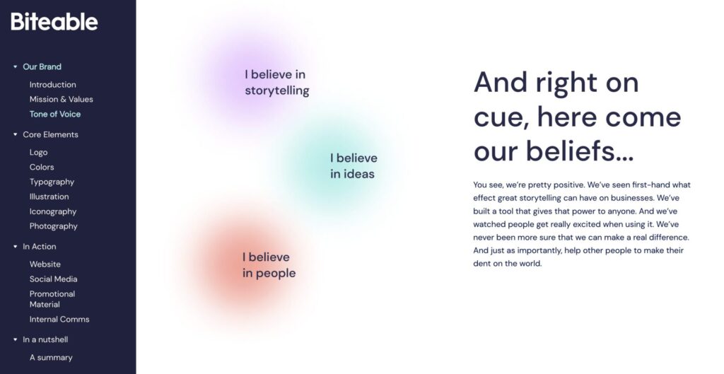A webpage layout with a headline "And right on cue, our beliefs come into focus..." on the right, and a side menu on the left with company values and elements listed.